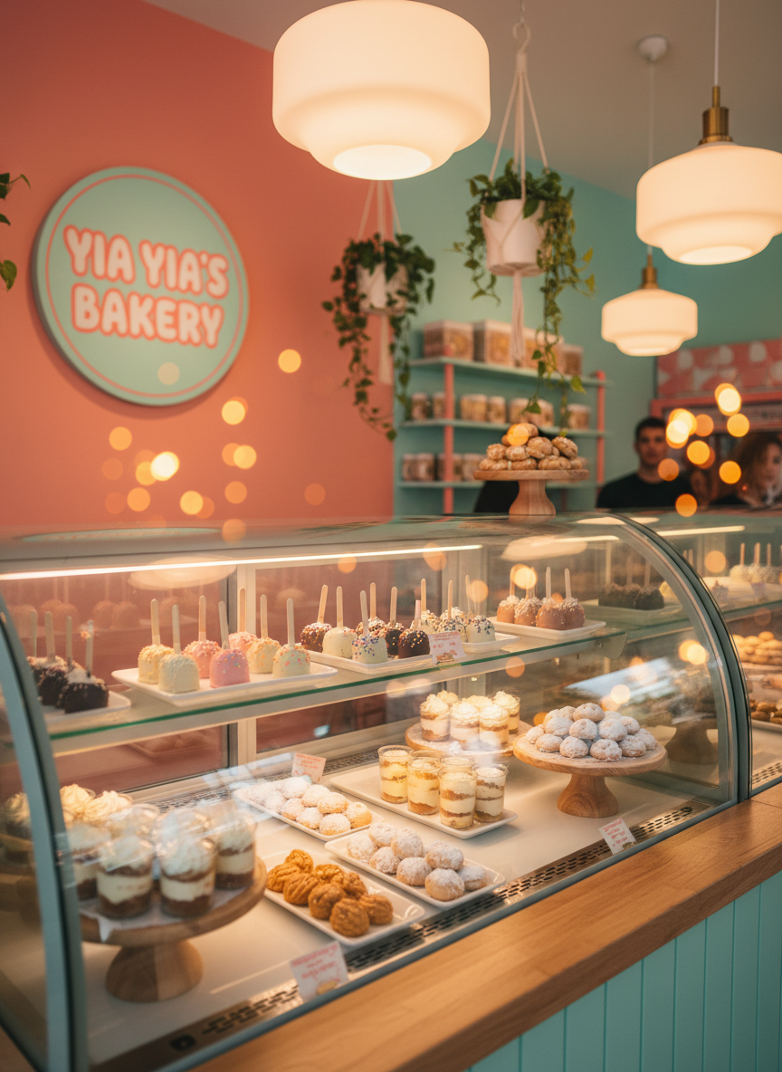 A wide, photographic view of a cozy microbakery counter branded as “Yia Yia’s bakery,” featuring a curved, mint-green display case filled with rows of cake popsicles, cake shooters, and neatly arranged Greek cookies like kourabiedes and melomakarona. The bakery logo, in chunky playful lettering, appears on a round sign behind the counter against a soft coral wall. Warm pendant lights with rounded shades cast a golden glow, creating soft reflections on the glass and subtle shadows on the wooden counter. The composition is shot at eye level, with a clear focal point on the display case and light bokeh in the background. The atmosphere is energetic, cheerful, and welcoming, with bright colors and whimsical, rounded forms emphasizing the bakery’s fun personality.