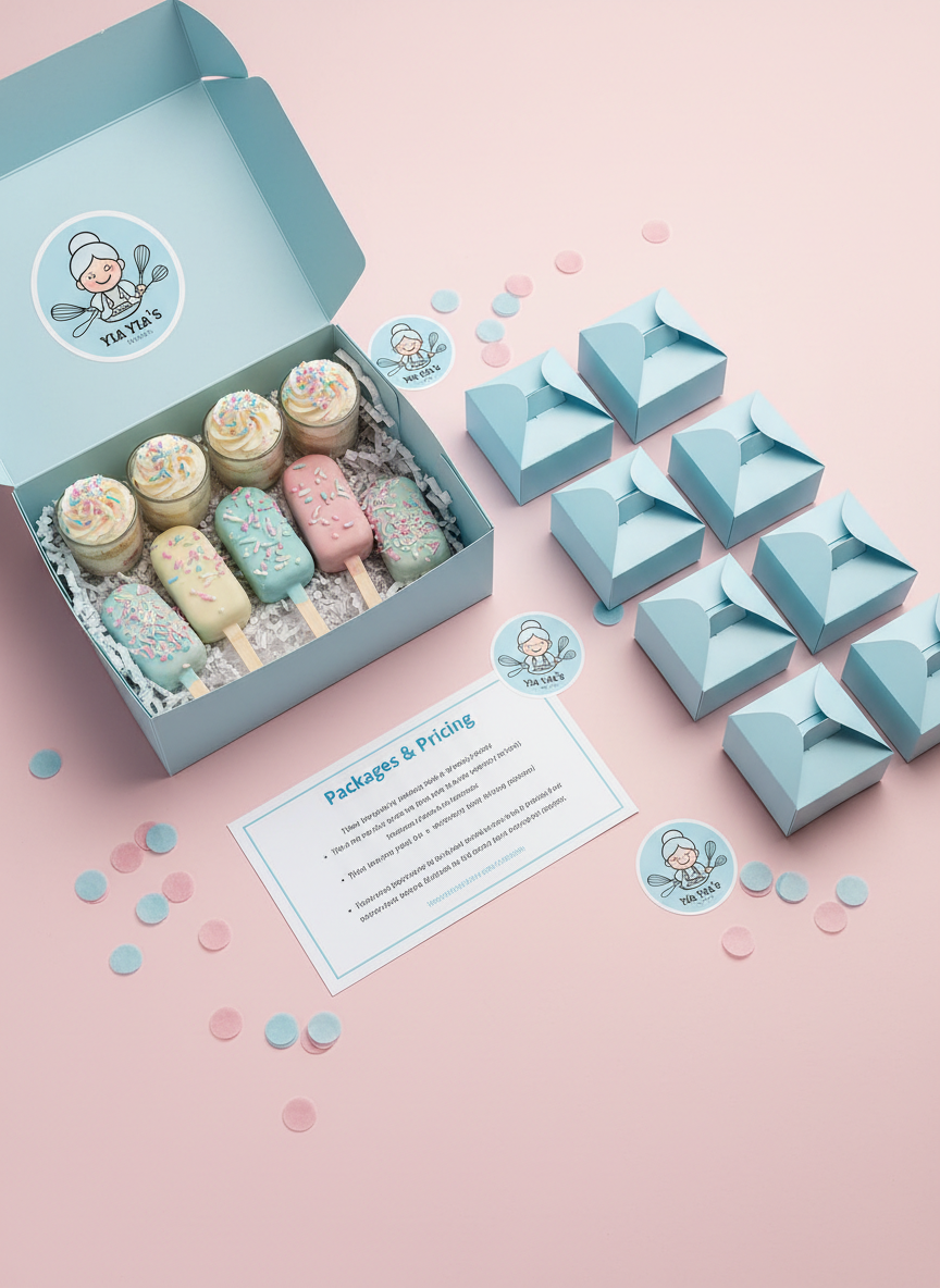 A photographic flat-lay of a playful party package layout from Yia Yia’s bakery, arranged on a blush-pink background. A sturdy, pastel-blue bakery box with rounded corners is open to reveal color-coordinated cake popsicles and cake shooters nestled in crinkled white tissue. Beside it, matching favor boxes, circular stickers with a cheerful illustrated logo, and a neat printed card titled “Packages & Pricing” are laid out in an organized grid. Confetti in soft, rounded shapes is scattered loosely around the items. Even, diffused studio lighting eliminates harsh shadows and makes colors pop, creating a bright, energetic mood. The composition is balanced and clean, perfect for a website section explaining party packages, with a modern, whimsical photographic realism.