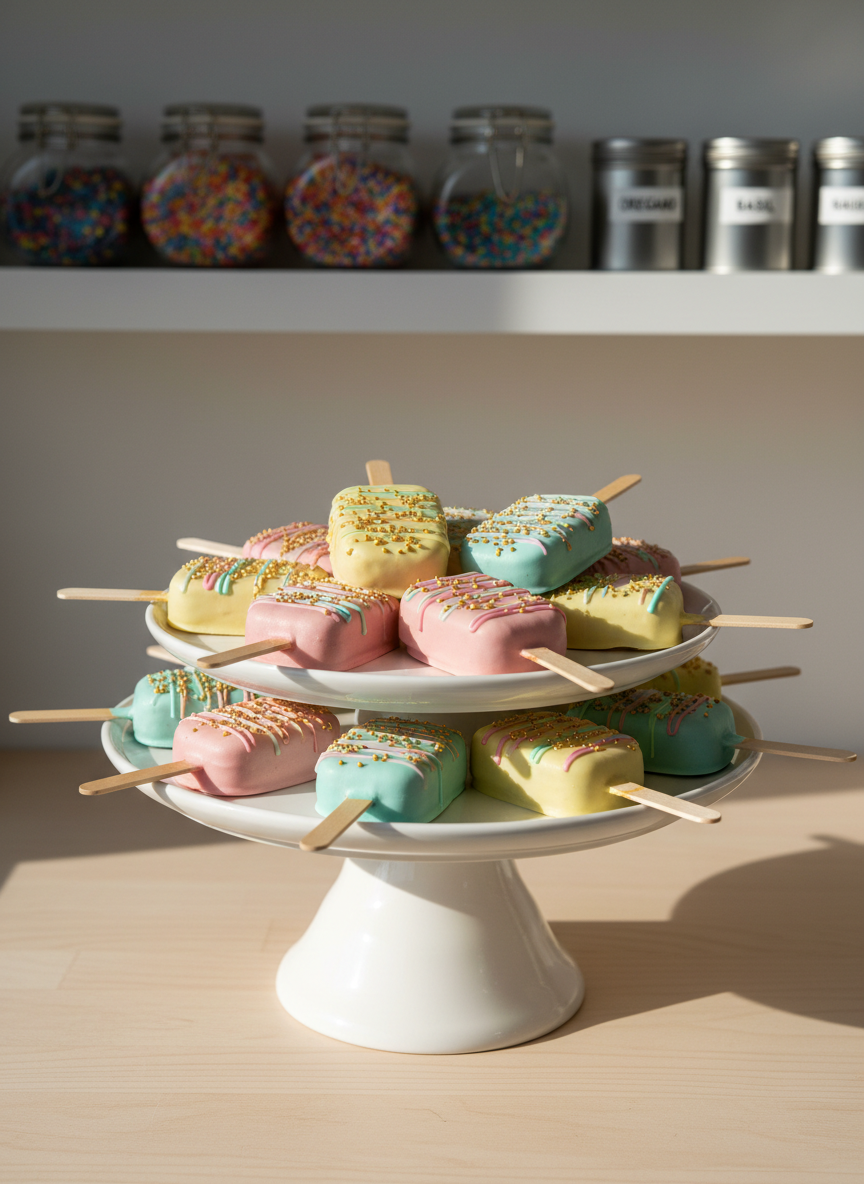 A close-up, photographic image of a glossy white cake stand overflowing with colorful cake popsicles, each dipped in pastel pink, turquoise, and lemon-yellow chocolate, finished with playful drizzles and tiny gold sprinkles. The stand sits on a pale wooden counter inside a bright, modern microbakery. In the softly blurred background, rounded jars of rainbow sprinkles and neatly labeled tins of Greek spices line white shelves. Morning light streams through an unseen window, creating gentle highlights on the shiny coatings and soft shadows beneath the stand. Shot from a slightly elevated angle with shallow depth of field, the mood is whimsical, joyful, and inviting, with a vibrant, clean, photographic realism that feels perfect for a playful bakery brand.