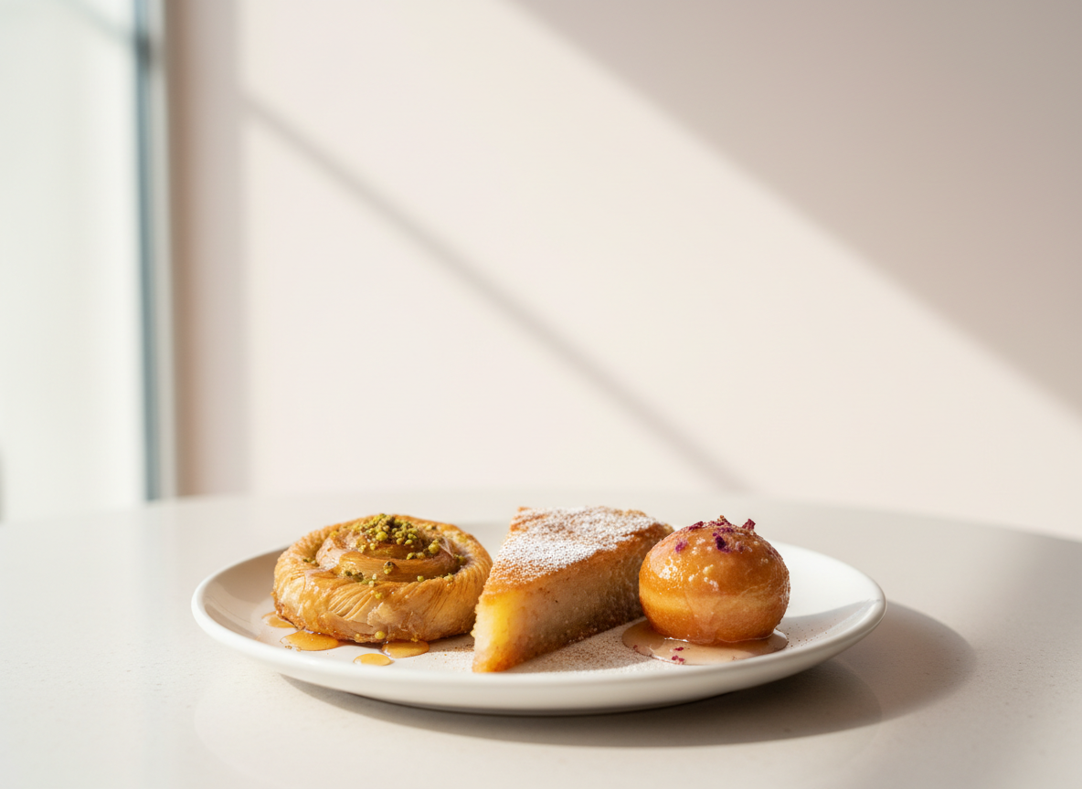 Softly lit, close-up photo of elegant Greek-inspired pastries on a simple white plate, with a pale pink and cream background, shot in a bright, airy, feminine style similar to a modern bakery brand photo